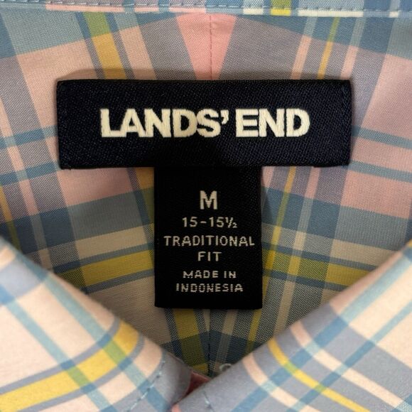 Lands End Button Down Shirt Mens M 15-15.5 Pink Blue Plaid Traditional Fit‎ - Picture 6 of 10